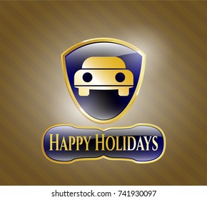  Gold shiny emblem with car seen from front icon and Happy Holidays text inside