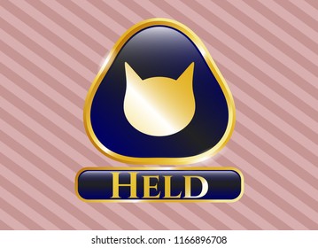  Gold shiny emblem with cat face icon and Held text inside