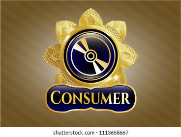   Gold shiny emblem with CD or DVD disc icon and Consumer text inside