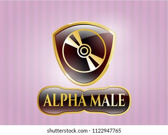   Gold shiny emblem with CD or DVD disc icon and Alpha Male text inside