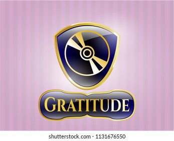  Gold shiny emblem with CD or DVD disc icon and Gratitude text inside