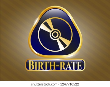  Gold shiny emblem with CD or DVD disc icon and Birth-rate text inside