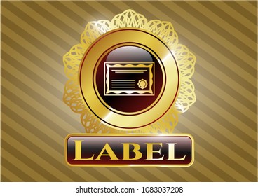   Gold shiny emblem with certificate icon and Label text inside