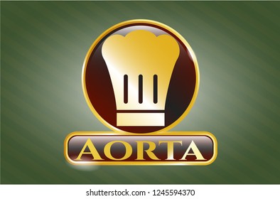  Gold shiny emblem with chef hat icon and Aorta text inside