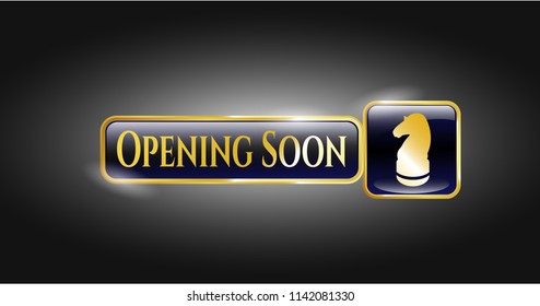  Gold shiny emblem with chess knight icon and Opening Soon text inside