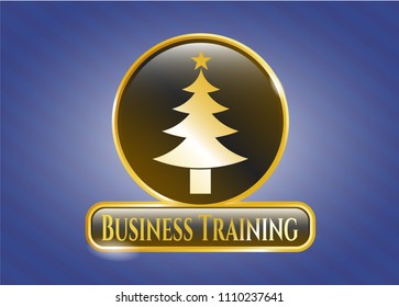   Gold shiny emblem with christmas tree icon and Business Training text inside