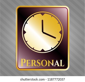  Gold shiny emblem with clock, time icon and Personal text inside