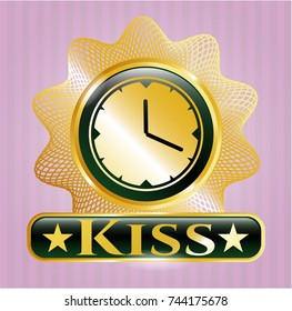  Gold shiny emblem with clock, time icon and Kiss text inside
