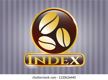 Gold shiny emblem with coffee bean icon and Index text inside