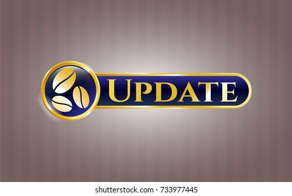  Gold shiny emblem with coffee bean icon and Update text inside