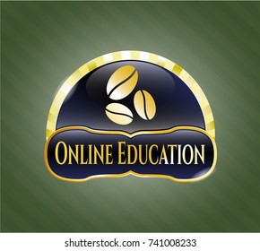  Gold shiny emblem with coffee bean icon and Online Education text inside