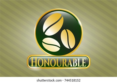  Gold shiny emblem with coffee bean icon and Honourable text inside