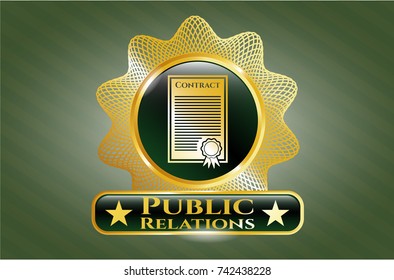  Gold shiny emblem with contract icon and Public Relations text inside