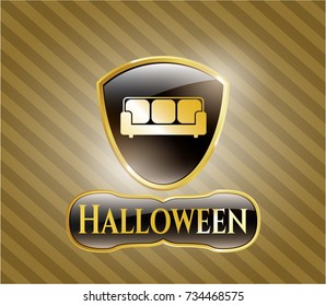  Gold shiny emblem with couch icon and Halloween text inside