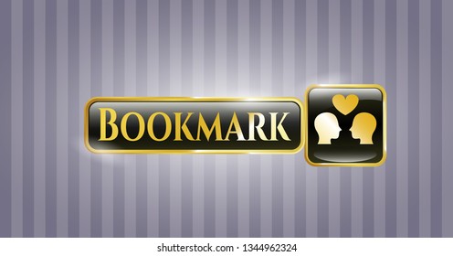  Gold shiny emblem with couple in love icon and Bookmark text inside