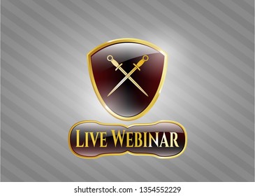  Gold shiny emblem with crossed swords icon and Live Webinar text inside