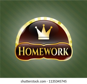  Gold shiny emblem with crown icon and Homework text inside