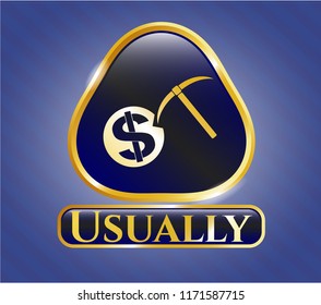  Gold shiny emblem with cryptocurrency mining icon and Usually text inside