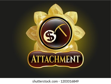 Gold shiny emblem with cryptocurrency mining icon and Attachment text inside
