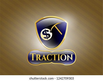  Gold shiny emblem with cryptocurrency mining icon and Traction text inside