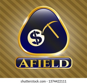  Gold shiny emblem with cryptocurrency mining icon and Afield text inside