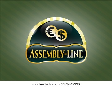  Gold shiny emblem with currency exchange icon and Assembly-line text inside