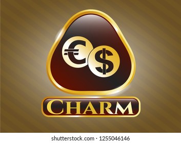  Gold shiny emblem with currency exchange icon and Charm text inside