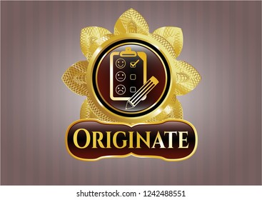  Gold shiny emblem with customer feedback icon and Originate text inside