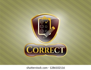  Gold shiny emblem with customer feedback icon and Correct text inside