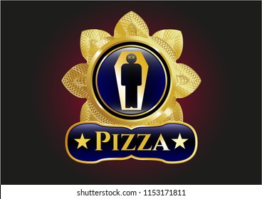 Gold shiny emblem with dead man in his coffin icon and Pizza text inside