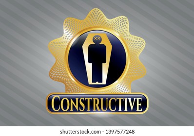  Gold shiny emblem with dead man in his coffin icon and Constructive text inside