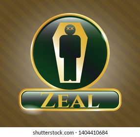  Gold shiny emblem with dead man in his coffin icon and Zeal text inside