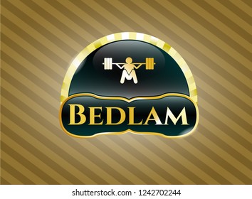  Gold shiny emblem with deep squat icon and Bedlam text inside