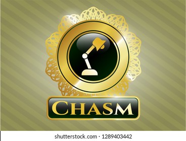 Gold shiny emblem with desk lamp icon and Chasm text inside