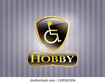   Gold shiny emblem with disabled (wheelchair) icon and Hobby text inside