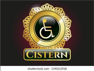  Gold shiny emblem with disabled (wheelchair) icon and Cistern text inside