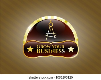   Gold shiny emblem with drawing compass icon and Grow your Business text inside