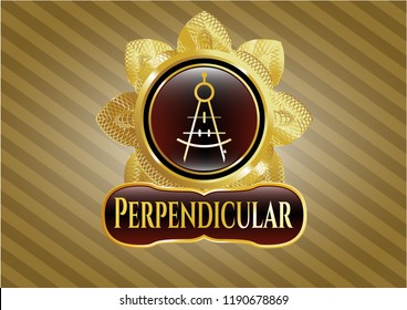  Gold shiny emblem with drawing compass icon and Perpendicular text inside