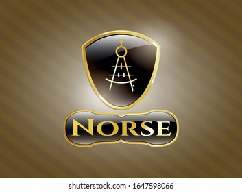  Gold shiny emblem with drawing compass icon and Norse text inside