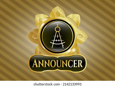 Emblema dorado brillante con icono de brújula de dibujo y texto del anunciador dentro