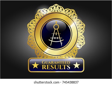  Gold shiny emblem with drawing compass icon and Guaranteed results text inside