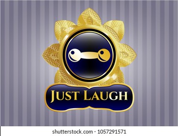  Gold shiny emblem with dumbbell icon and Just Laugh text inside
