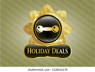  Gold shiny emblem with dumbbell icon and Holiday Deals text inside