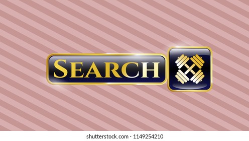  Gold shiny emblem with dumbbell icon and Search text inside