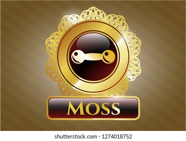  Gold shiny emblem with dumbbell icon and Moss text inside