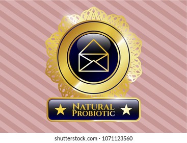   Gold shiny emblem with envelope icon and Natural Probiotic text inside