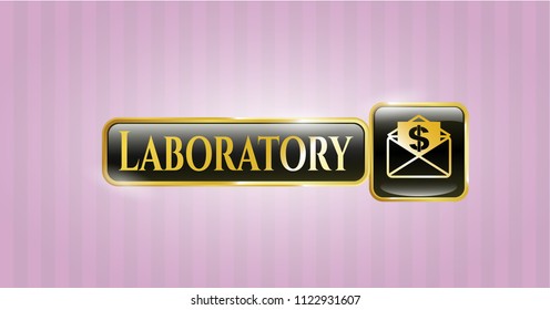  Gold shiny emblem with envelope with paper with money symbol inside icon and Laboratory text inside