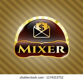  Gold shiny emblem with envelope with paper with money symbol inside icon and Mixer text inside
