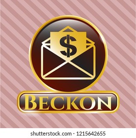  Gold shiny emblem with envelope with paper with money symbol inside icon and Beckon text inside