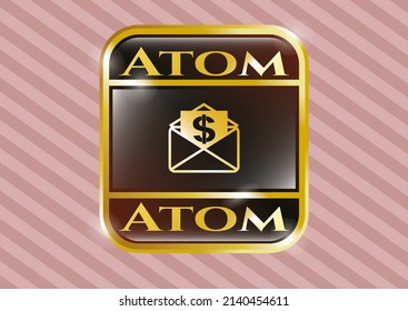 Gold shiny emblem with envelope with paper with money symbol inside icon and Atom text inside